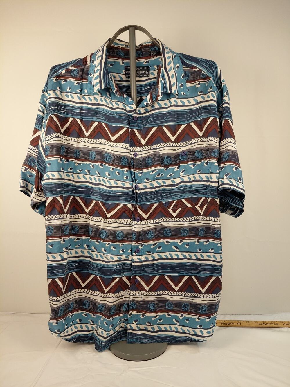 Vintage Mens XL On The Brink Geometric Pattern Short Sleeve Button Down Shirt